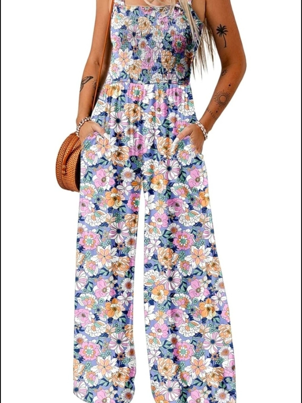 Floral Smocked Wide-Leg Jumpsuit in Multicolor Floral